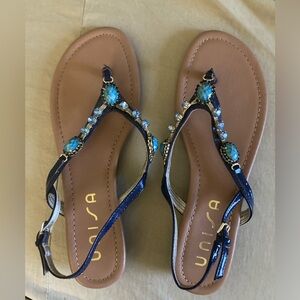 Unisa Blue Patent Jeweled Sandals